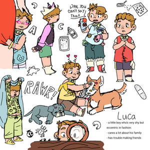 multiple drawings of a young boy with essentric fashion